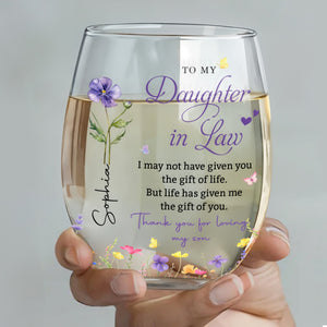 Personalized Flower Stemless Wine Glass - To My Daughter In Law Gift