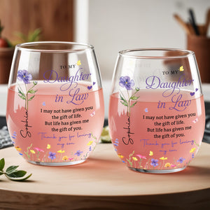 Personalized Flower Stemless Wine Glass - To My Daughter In Law Gift