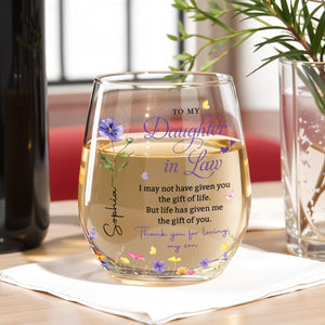 Personalized Flower Stemless Wine Glass - To My Daughter In Law Gift