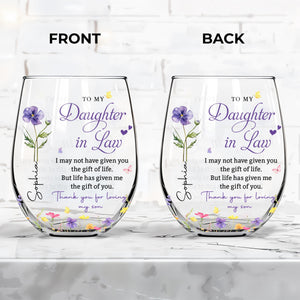 Personalized Flower Stemless Wine Glass - To My Daughter In Law Gift