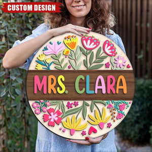 Teacher Flower Pattern - Personalized Shaped Wood Sign, Back To School Gift