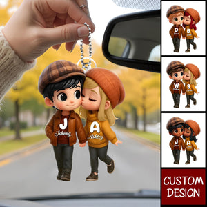 Fall Season 3D Effect Cute Cartoon Couple Walking Personalized Car Ornament, Perfect Gift for him, Gift for her