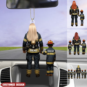Firefighter Mom/Grandma With Kids - Personalized Acrylic Car Ornament