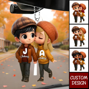 Fall Season 3D Effect Cute Cartoon Couple Walking Personalized Car Ornament, Perfect Gift for him, Gift for her