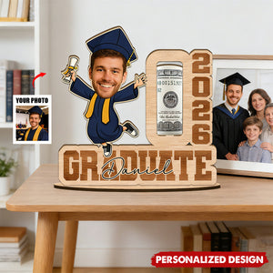 Funny Graduation Gift 2026-Personalized Face Wooden Plaque with Name & Money Holder