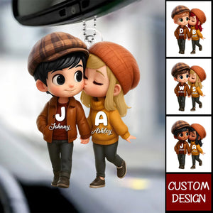 Fall Season 3D Effect Cute Cartoon Couple Walking Personalized Car Ornament, Perfect Gift for him, Gift for her