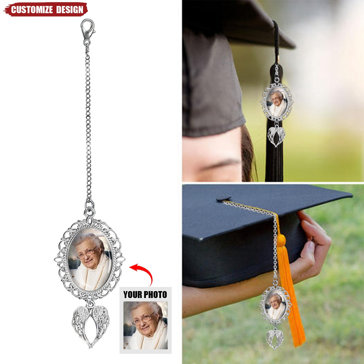 Personalized Memorial Graduation Tassel Photo Charm With Angel Wings
