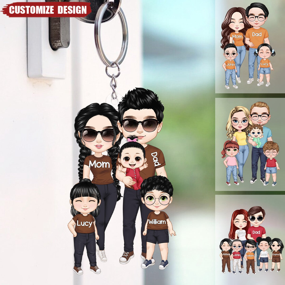 Doll Couple With Kids Personalized Acrylic Keychain - Gift For Family