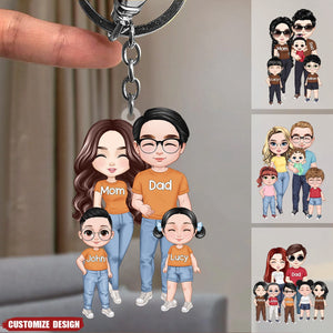 Doll Couple With Kids Personalized Acrylic Keychain - Gift For Family