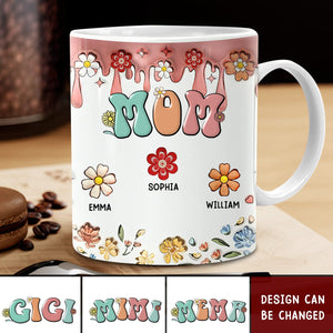 Personalized Retro Boho Mama Nana Flower Kids 3D Inflated Effect Mug