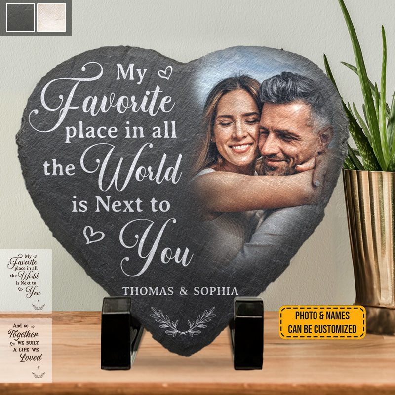 Custom Photo My Favorite Place In All The World Is Next To You - Couple Personalized Heart Shaped Stone With Stand