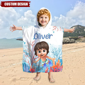 Personalised Cartoon Kid Seaworld Quick Dry Hooded Beach Towel with Name Beach Essentials Summer Vacation Birthday Gift for Boys Girls