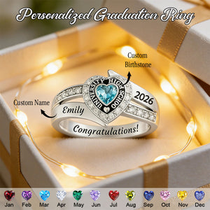 Personalized Engraved Heart Birthstone Graduation Ring Gift for Graduates