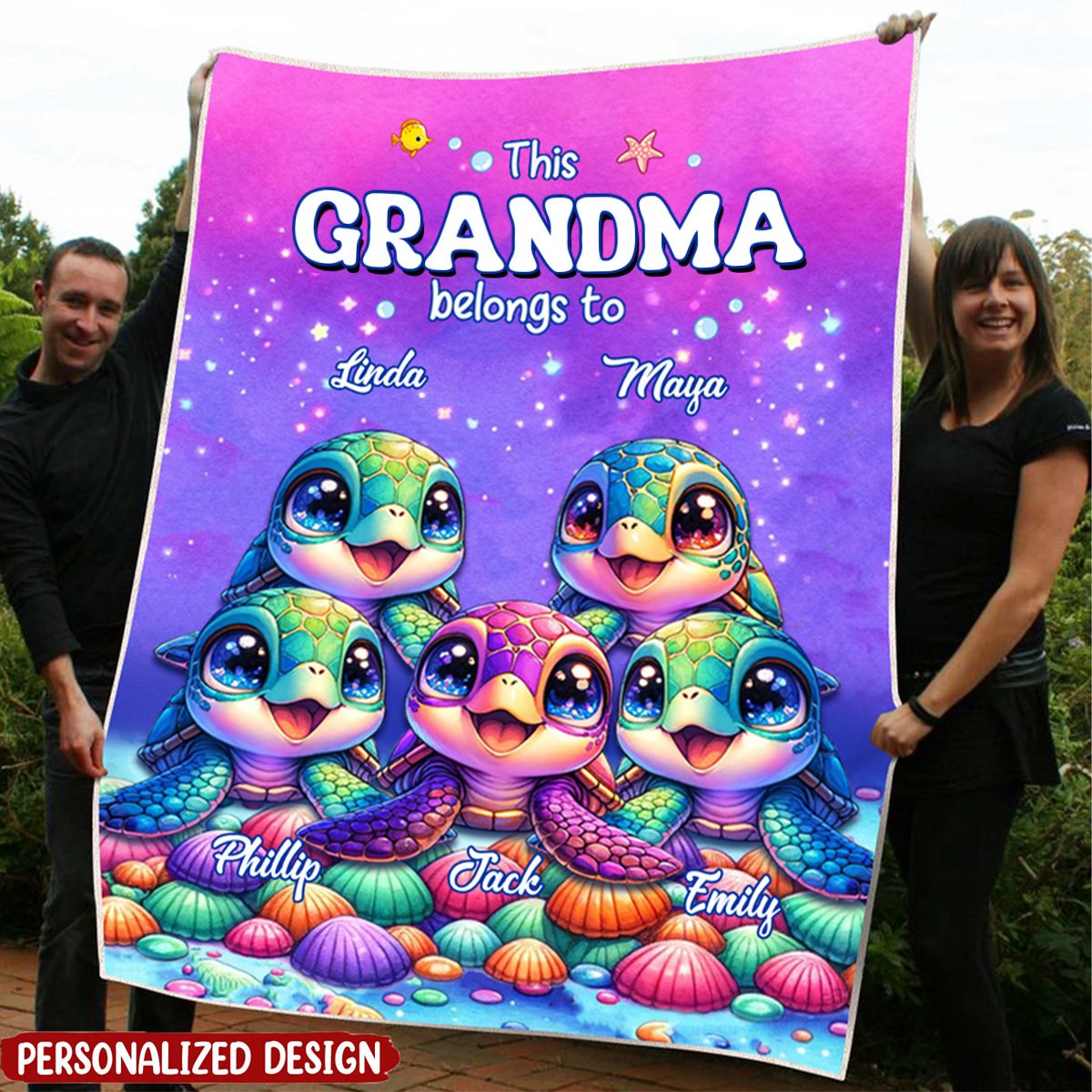 This Grandma belongs to Cute Ocean Turtles Grandkids Personalized Fleece and Sherpa Blanket