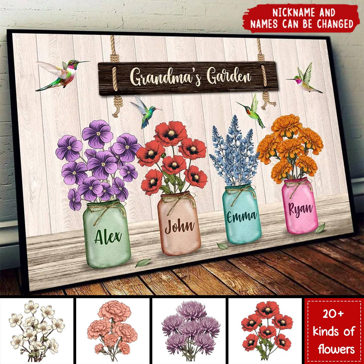 Hummingbird Custom Birth Month Flowers Grandma‘s Garden Personalized Horizontal Poster