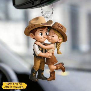 Cartoon Style Countryside Couple Cowboy Cowgirl Personalized Car Ornament