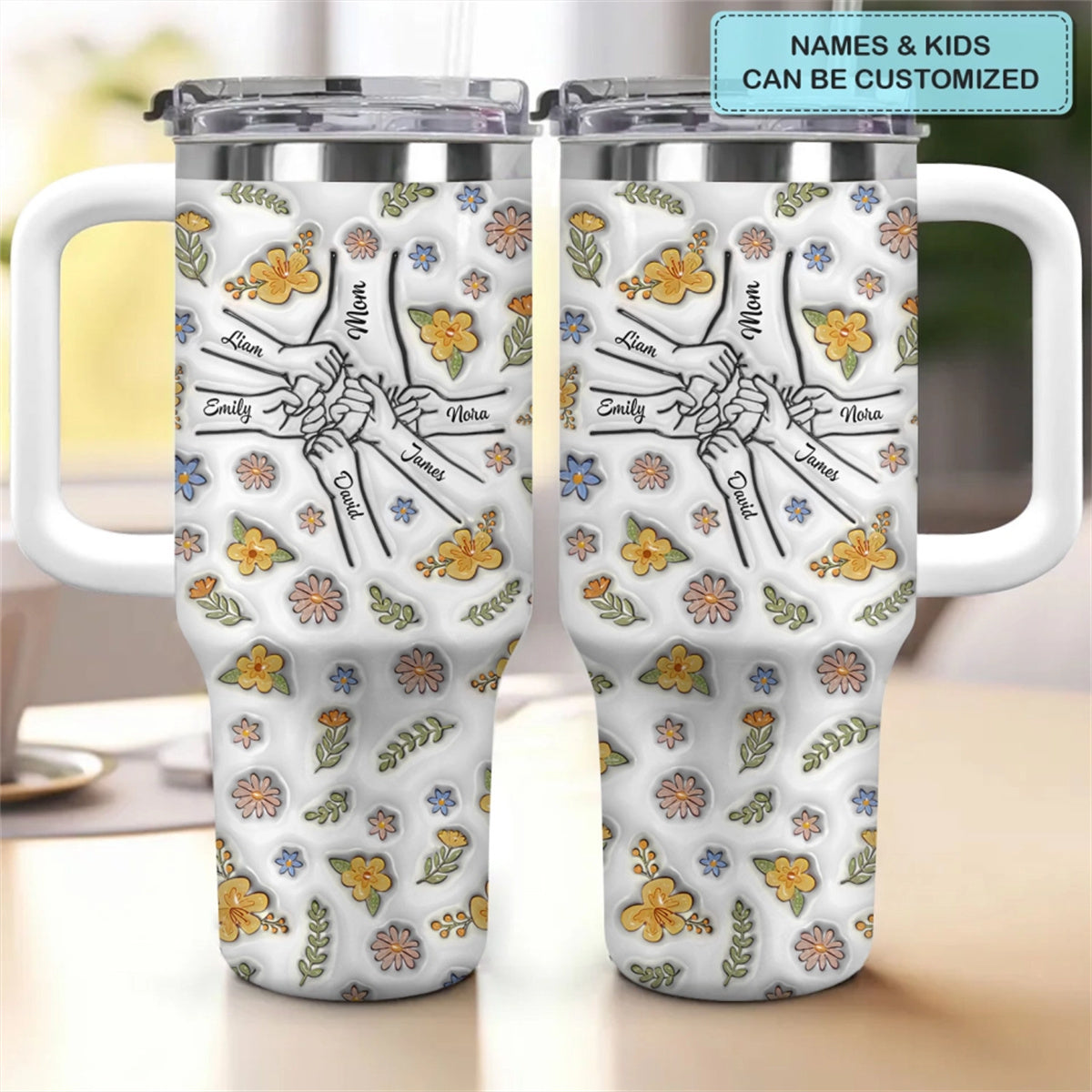 Floral Mom/Nana Hand- Personalized Tumbler With Handle - Happy Mother's Day Gift