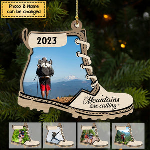 Mountains Are Calling - Personalized Christmas Photo Upload Gifts Custom Wooden Ornament for Hiking Lovers