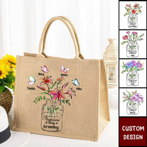 Happiness Is Being A Grandma Mom Vase of Flower - Personalized Jute Tote Bag