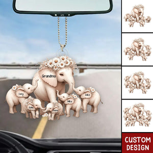 Mama/Nana Elephant With Little Kids - Personalized Acrylic Car Ornament - Mother's Day Gift