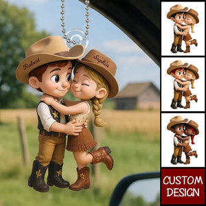 Cartoon Style Countryside Couple Cowboy Cowgirl Personalized Car Ornament