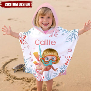 Personalised Cartoon Kid Seaworld Quick Dry Hooded Beach Towel with Name Beach Essentials Summer Vacation Birthday Gift for Boys Girls