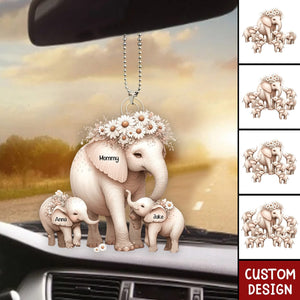Mama/Nana Elephant With Little Kids - Personalized Acrylic Car Ornament - Mother's Day Gift