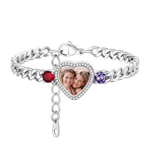 Personalized Heart Photo Birthstones Bracelet - Gift For Mom Wife Grandma