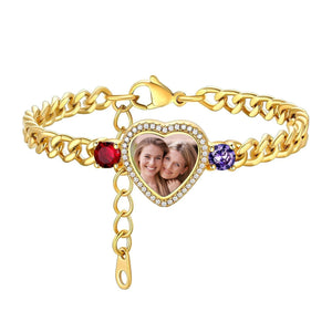 Personalized Heart Photo Birthstones Bracelet - Gift For Mom Wife Grandma