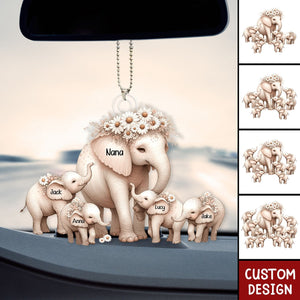 Mama/Nana Elephant With Little Kids - Personalized Acrylic Car Ornament - Mother's Day Gift
