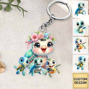 Mama/Nana Turtle With Little Kids - Personalized Acrylic Keychain - Gift For Mom, Grandma