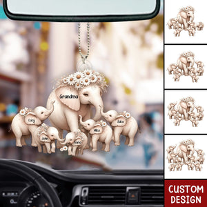 Mama/Nana Elephant With Little Kids - Personalized Acrylic Car Ornament - Mother's Day Gift