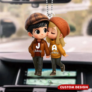 Fall Season 3D Effect Cute Cartoon Couple Walking Personalized Car Ornament, Perfect Gift for him, Gift for her