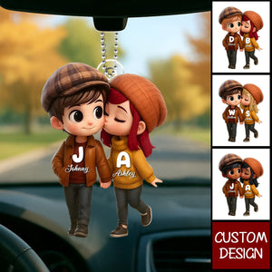 Fall Season 3D Effect Cute Cartoon Couple Walking Personalized Car Ornament, Perfect Gift for him, Gift for her