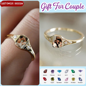 Custom Photo Personalized Rings With 2 Birthstones, Gift for Couple, Family