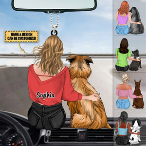 Personalized girl Sitting With Dog Acrylic Car Hanging Ornament