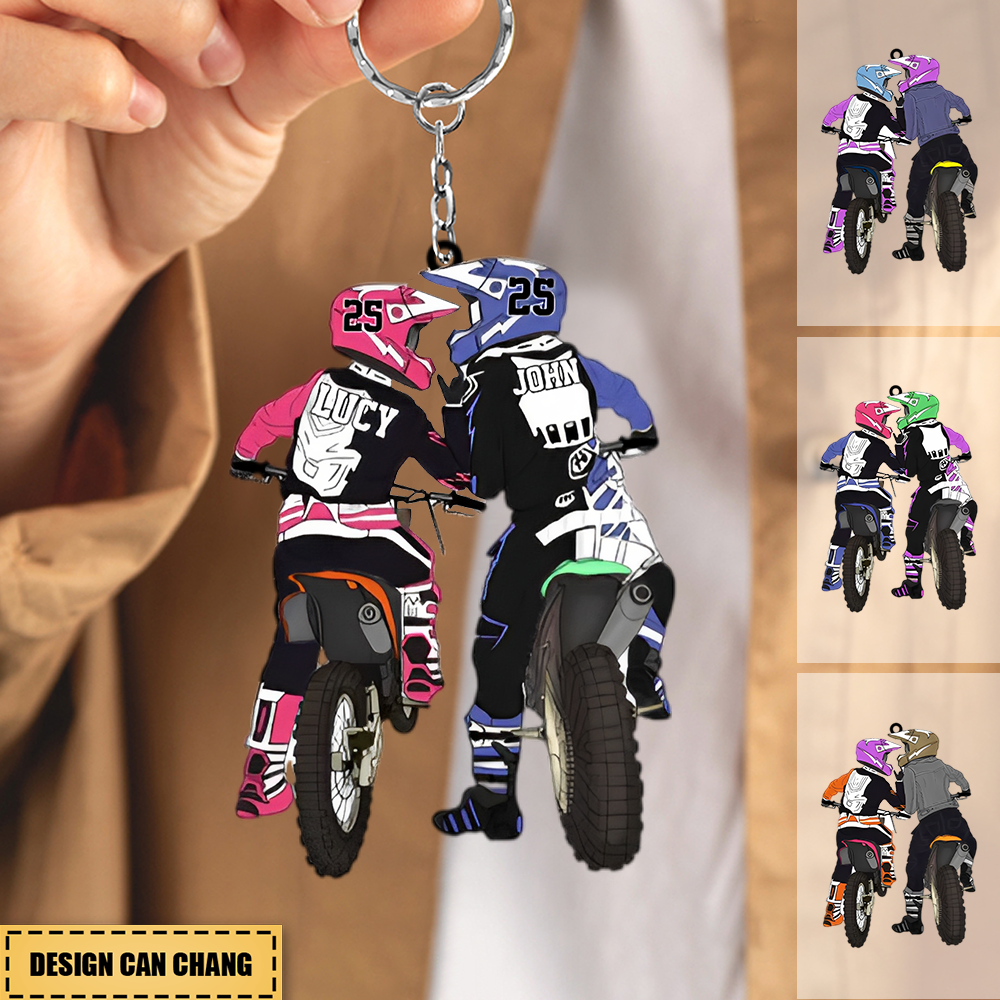 Personalized Motocross Racer Couple Keychain