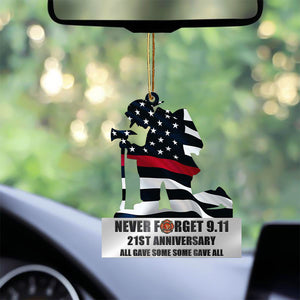 Kneeling Firefighter Never Forget 9.11 Acrylic Car Hanging Ornament