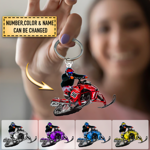 Personalized Snowmobile Rider Jumping Through Snow Acrylic Keychain