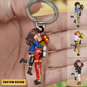 Couple Policeman And Firefighter Hugging Personalized Acrylic Keychain