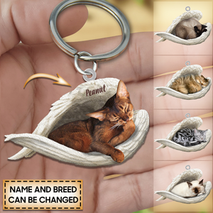Personalized Stainless Cat Sleeping Angel Keychain - Double Sides Printed