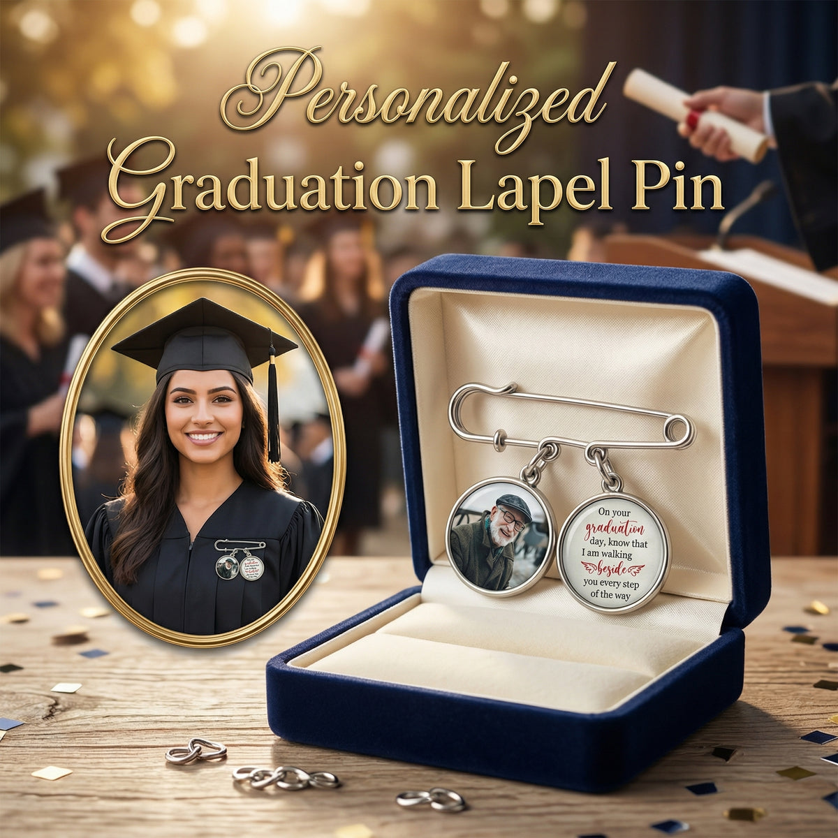 Graduation Walking Beside You Every Step - Personalized Memorial Lapel Pin With Photo Charms