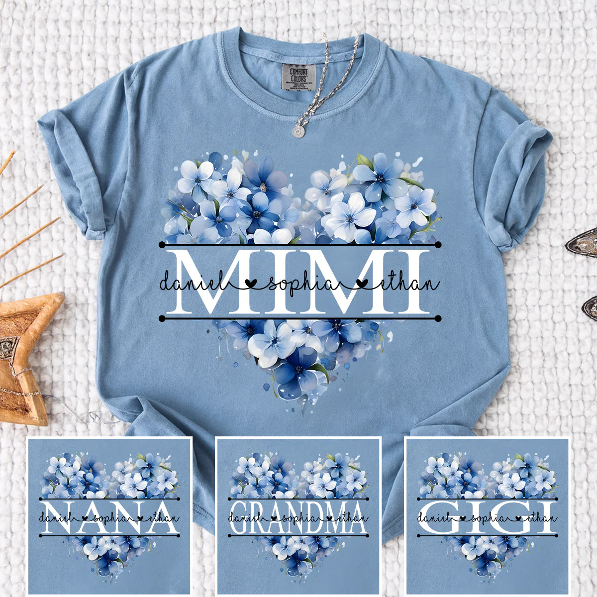 Personalized Blue Floral Heart T-Shirt - Grandma Gift with Grandkids Name