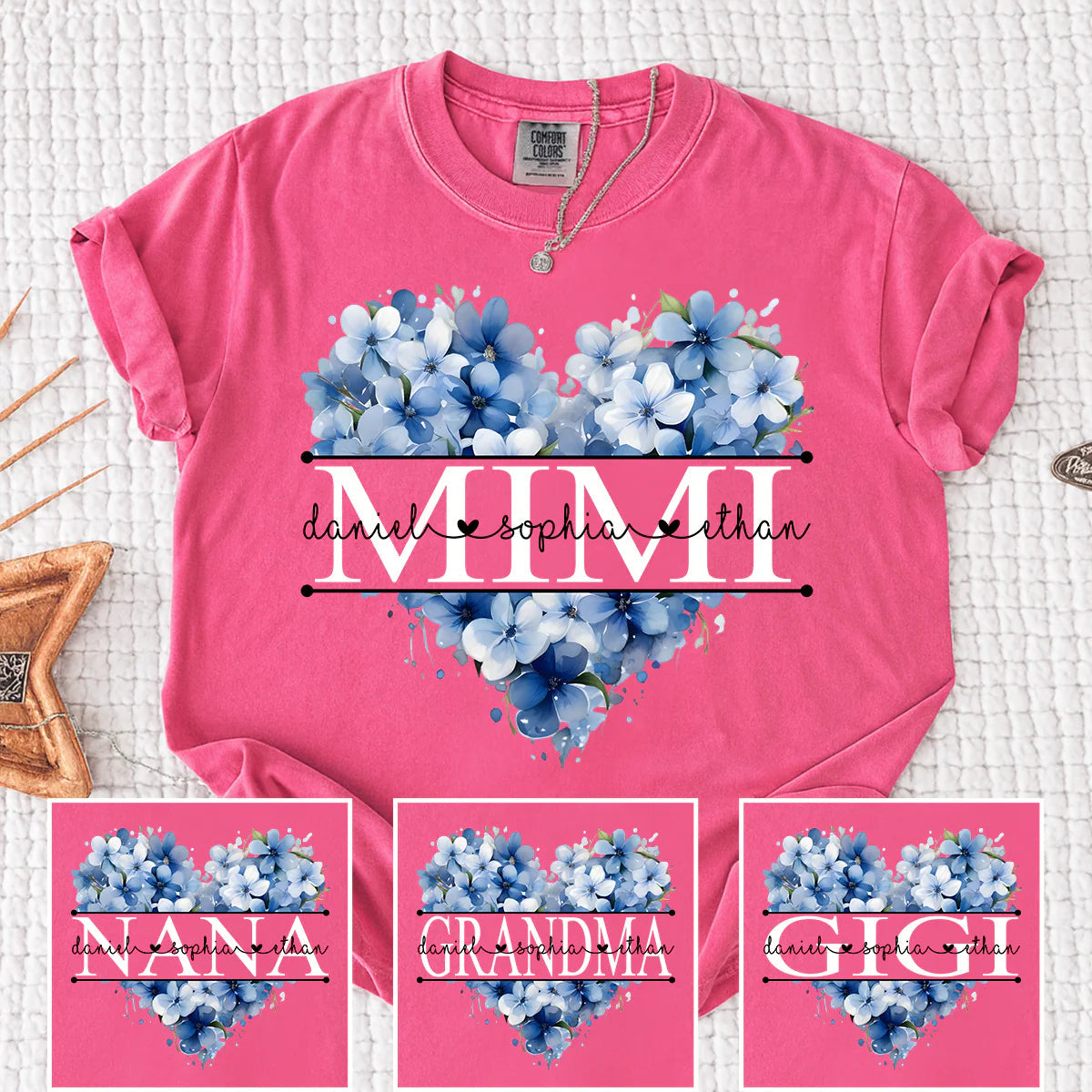 Personalized Blue Floral Heart T-Shirt - Grandma Gift with Grandkids Name