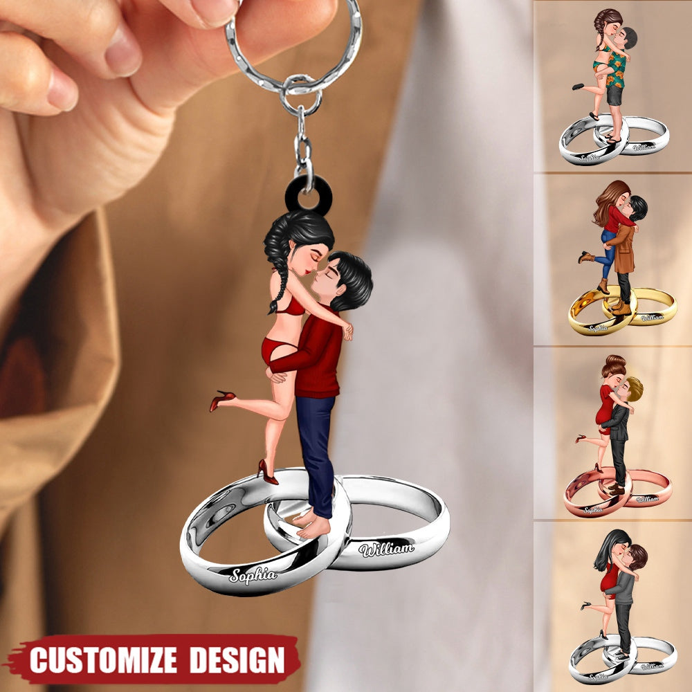 Personalized Doll Couple Kissing Hugging On The Ring Keychain - Gift For Couple