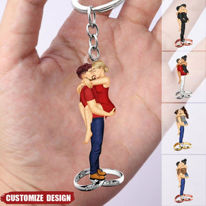 New Release - Personalized Couple Kissing Hugging Ring Keychain - Gift For Couple