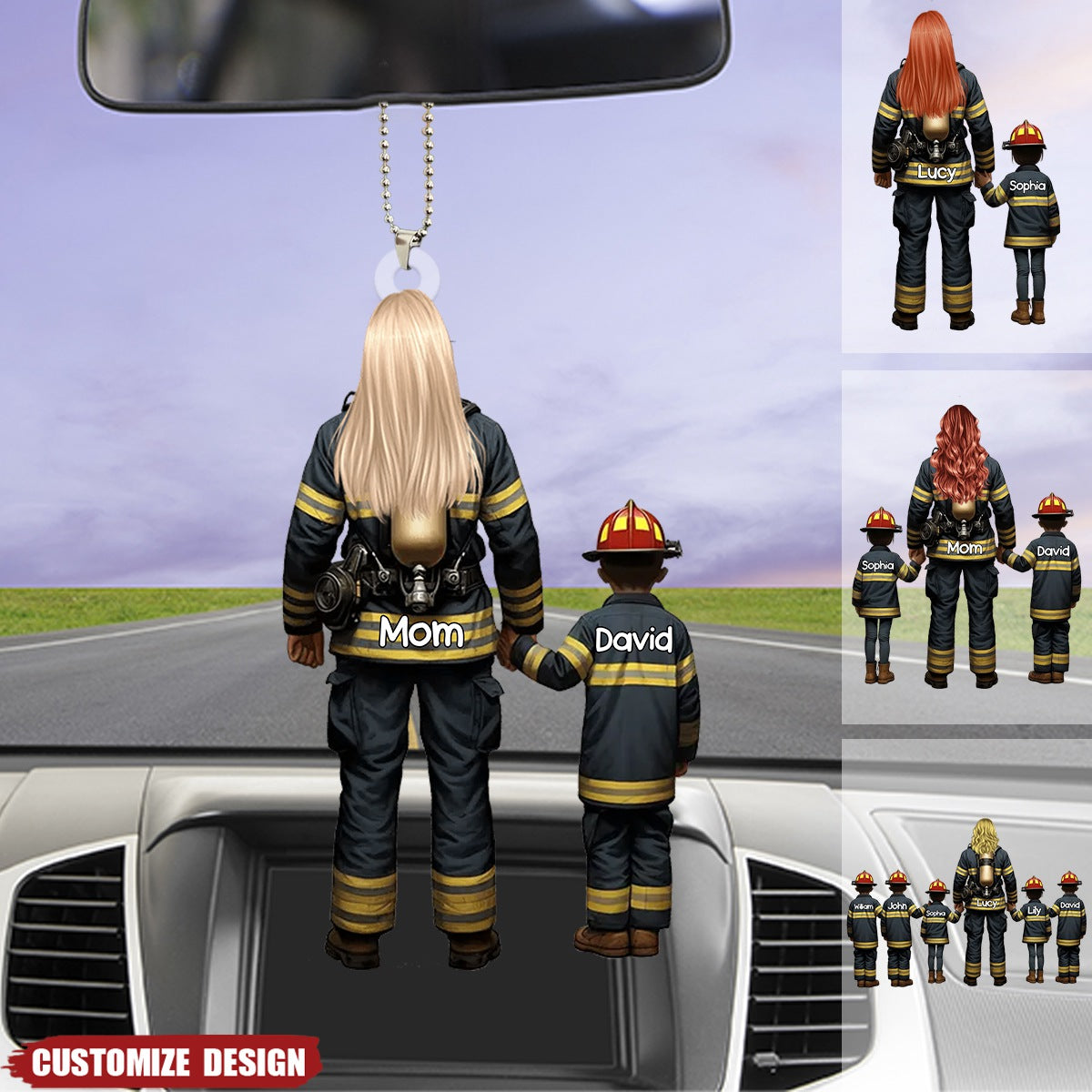 Firefighter Mom/Grandma With Kids - Personalized Acrylic Car Ornament