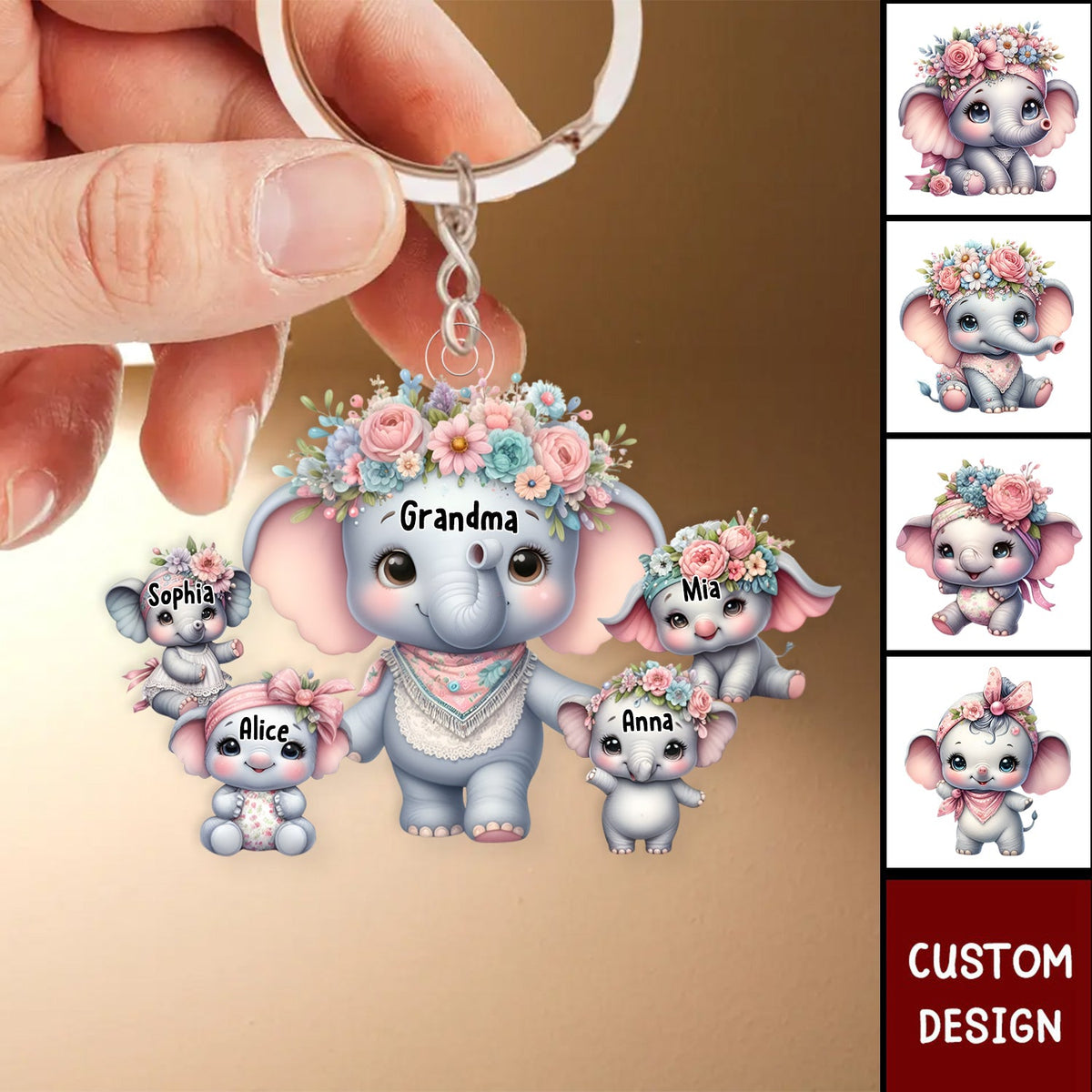 Grandma/Mama Elephant With Flowers - Personalized Acrylic Keychain - Gift For Mom, Grandma