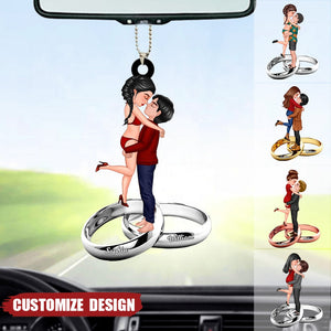 Personalized Doll Couple Kissing Hugging On The Ring Car hanging Ornament - Gift For Couple