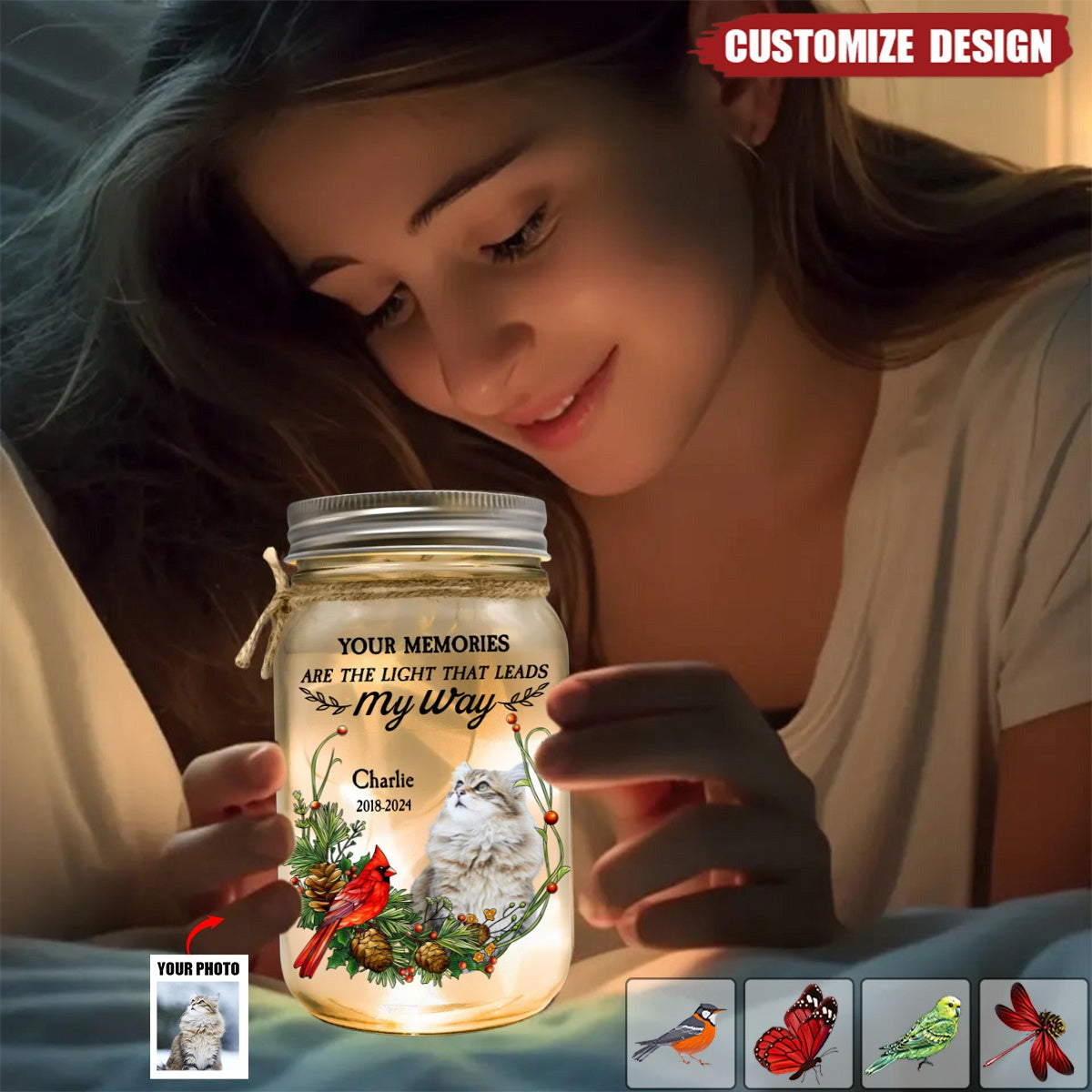 Memorial Your Light Will Always Shine In My Heart - Personalized Photo Mason Jar Light